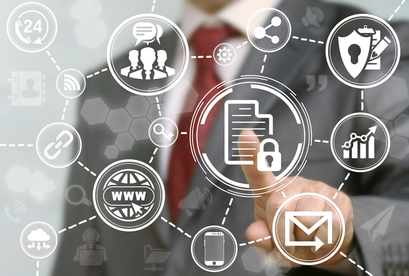 Files security. Business protection computer web secure data concept. Businessman touched file document lock icon on virtual screen. Safety private confidential private information mail technology.
