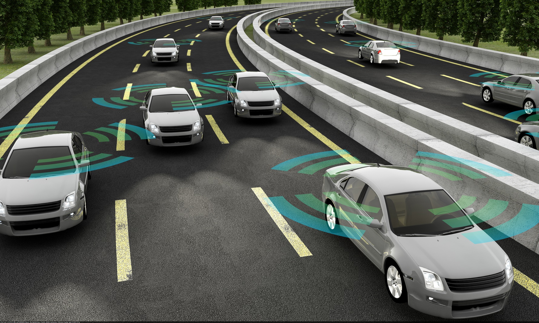 Autonomous cars on a road with visible connection